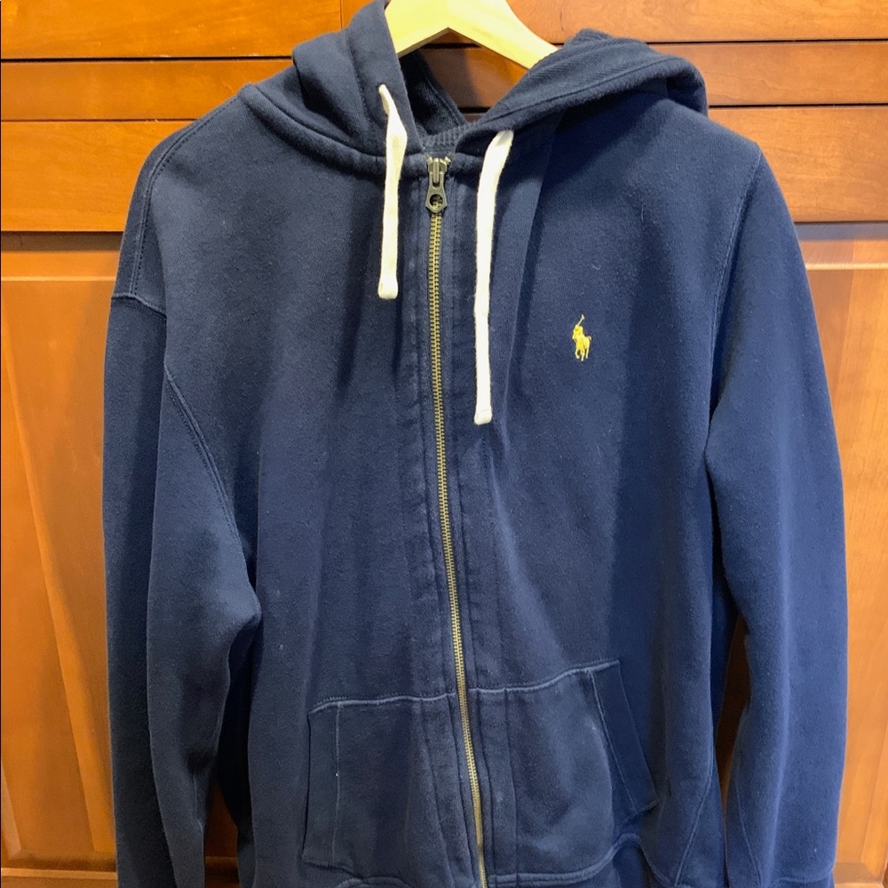 Polo Ralph Lauren Sweatshirt Mens 2XL Full Zip Blue Cotton Yellow Pony Hoodie
